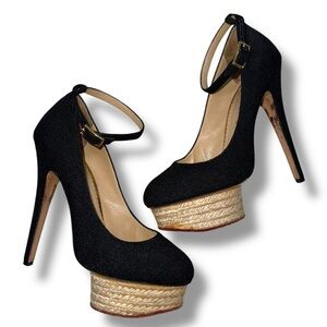 Charlotte Olympia Black Canvas Dolores Espadrille Platform Ankle-Strap Pumps
